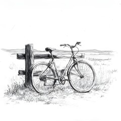 Obraz premium A rough sketch of a bicycle leaning against a wooden fence in a field. 