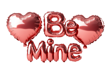 Red metallic heart and letter balloons spelling Be Mine isolated on white transparent background. Romantic celebration and Valentine's Day concept
