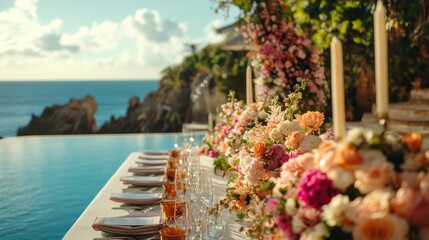 Obraz premium Oceanside floral wedding reception table setting.