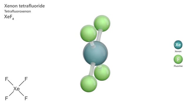 Xenon Tetrafluoride. Animated 3D model of a molecule. Molecular formula: XeF4. Chemical model: Ball and sticks. White background. 3D rendering. Seamless loop.