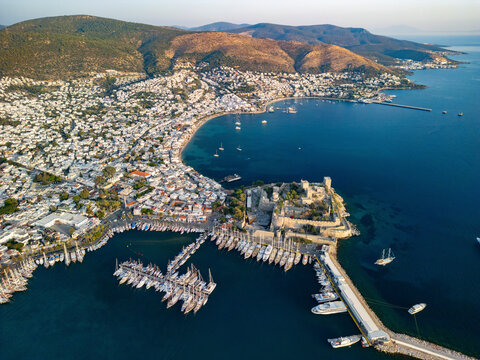 Aerial view of bodrum castle and marina with boats along the beautiful coastline, Bodrum, Turkey.