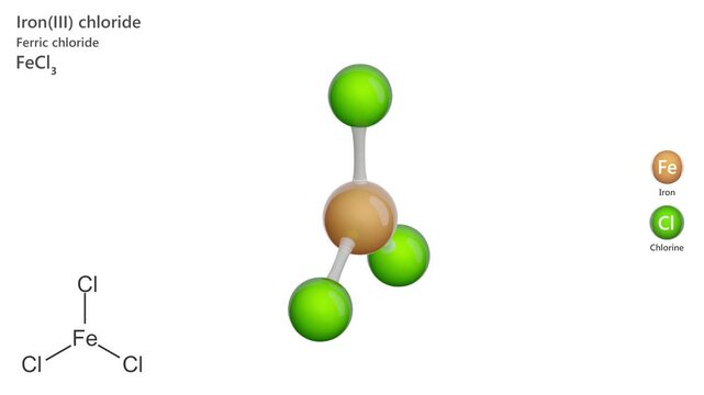 Iron(III) Chloride. Animated 3D model of a molecule. Molecular formula: FeCl3. Chemical model: Ball and sticks. White background. 3D rendering. Seamless loop.
