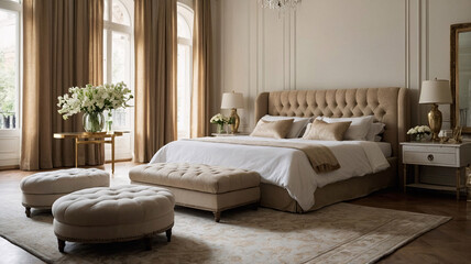 Modern living room with large windows neutral color bed beige earth tone furniture and abstract painting above Contemporary Interior Design Livingroom Inspiration