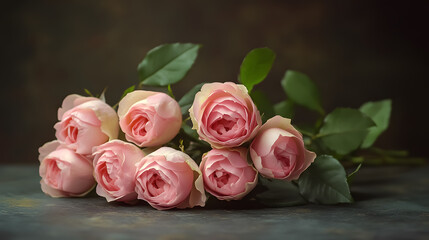A beautiful bouquet of pink roses on a dark background, with a soft, romantic vintage filter that resembles an old painting.