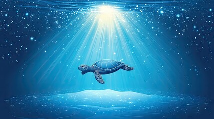Fototapeta premium A serene underwater scene featuring a turtle illuminated by sunlight.