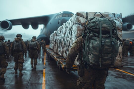 Soldiers unloading humanitarian aid supplies from military cargo airplane