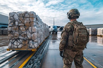Soldier supervising humanitarian aid cargo loading on military aircraft