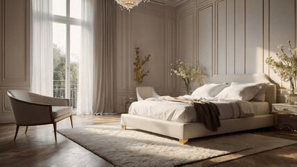 Sophisticated modern interior with a neutral color bed large windows beige earth tone furniture and abstract wall art Contemporary Interior Design Livingroom Inspiration