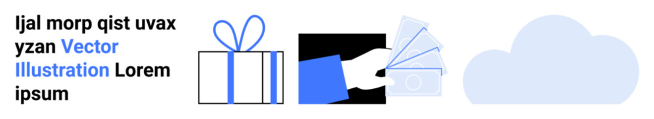 Wrapped gift, hand holding credit card, cloud graphic alongside text. Ideal for e-commerce, online shopping, cloud storage services, gift cards, digital transactions, holiday sales promotional