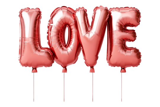 Shiny red foil balloon letters forming the word LOVE isolated on white transparent background. Romantic celebration and Valentine's Day concept