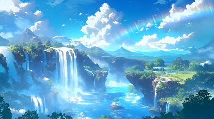 Majestic anime landscape featuring a waterfall cascading into a sparkling pool