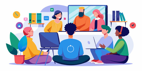 Fototapeta premium Diverse business team working together in a relaxed office environment. Professional colleagues having a video call meeting with a business partner, discussing strategy in a modern workspace.