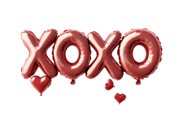 Shiny red foil balloon letters forming the words XO XO isolated on white transparent background. Romantic celebration and Valentine's Day concept