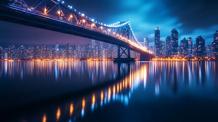 Naklejka premium A serene night view of a bridge reflecting in calm waters, surrounded by a city skyline.