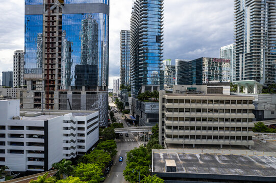 Aerial view of beautiful Brickell skyline with modern skyscrapers and busy streets, Miami, USA.
