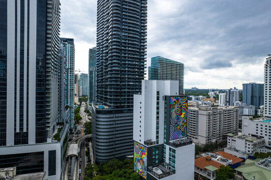 Miami, Usa - 05 October 2022: Aerial view of modern skyscrapers and colorful murals in a vibrant urban landscape, Brickell, USA.