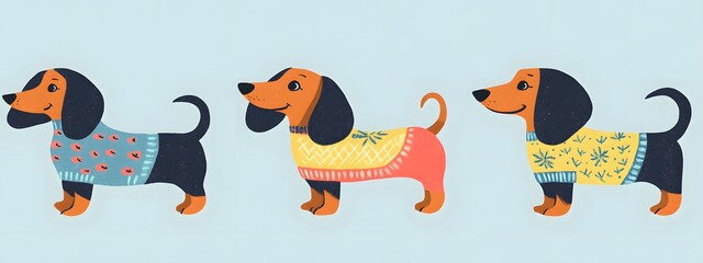 Fototapeta premium Cute illustration of adorable dachshund dogs wearing colorful sweaters