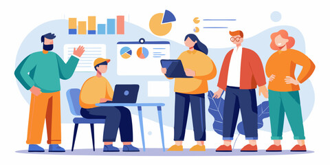 Equipo de finanzas diverso que analiza análisis del mercado de valores con gráficos y cuadros digitales. Expertos en negocios que evalúan el desempeño financiero, las tendencias económicas y la planif