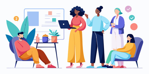 Fototapeta premium Fashion design team collaborating on market research and analytics. Designers reviewing pie charts, virtual data, and industry trends in a modern professional setting.