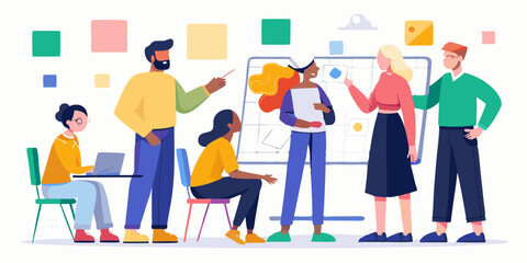 Diverse team collaborating on project strategy, placing sticky notes on whiteboard