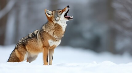 Naklejka premium A coyote howling in the snow, showcasing its natural behavior in a winter landscape.