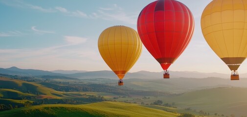 Naklejka premium Colorful hot air balloons over a lush green valley, representing freedom and a fresh perspective for promotional use