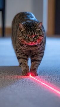 A playful cat chasing a red laser dot on a carpet.