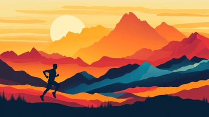 Silhouette of a runner against the setting sun There are mountains in the background. Conveying a feeling of perseverance and determination, sport of running