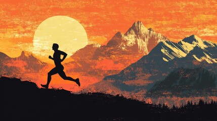 Silhouette of a runner against the setting sun There are mountains in the background. Conveying a feeling of perseverance and determination, sport of running