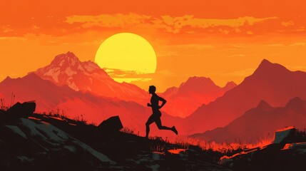 Silhouette of a runner against the setting sun There are mountains in the background. Conveying a feeling of perseverance and determination, sport of running