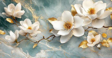 Elegant white magnolia blossoms gracefully adorn a turquoise and gold backdrop, creating a serene and artistic composition