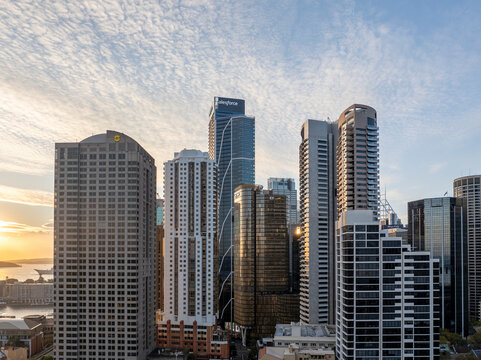Aerial view of beautiful skyscrapers in sunset over the business district, Millers Point, Australia.
