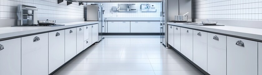 Modern commercial kitchen with clean, organized surfaces and bright lighting.