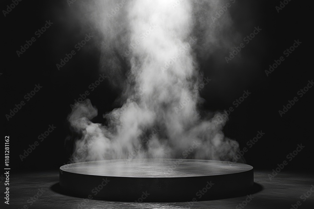 Aufkleber empty round podium with smoke illuminated by spotlight in dark studio