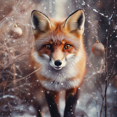 Obraz premium Curious Red Fox Cat Like Eyes Stands Snow