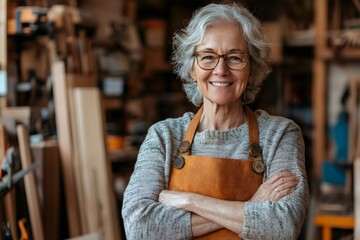 Senior female carpenter smiling with crossed arms in workshop