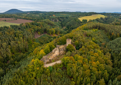 Aerial view of the abandoned medieval Burg Helfenburk castle surrounded by a beautiful autumn forest, Ustek, Czech Republic.