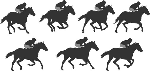 Naklejka premium 10 racing horses and jockeys silhouettes - vector. Transparent background PNG, cutout