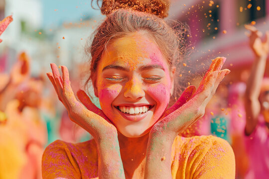 A close-up portrait of a woman with her face covered in colorful Holi powders, capturing the bright, joyful expression and vibrant colors of the festival. The colors on her face radiate warmth and exc