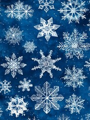 background of snowflakes in various intricate designs on a blue gradient.