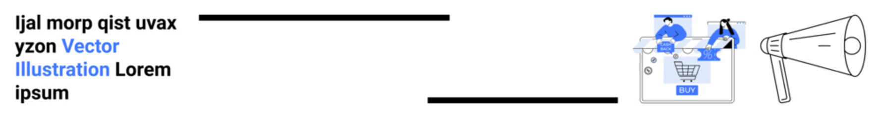 Megaphone amplifying promotional message above a shopping cart on a web page, engaging audience. Ideal for advertising, e-commerce, digital marketing, promotions, online stores, customer engagement