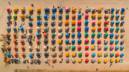 Fototapeta premium Vibrant Coastal Canvas: Aerial View of a Beach Alive with Colorful Umbrellas and Sun Loungers