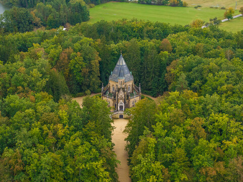 Aerial view of the historic Schwarzenberg tomb surrounded by tranquil forest and trees, Trebon, Czech Republic.