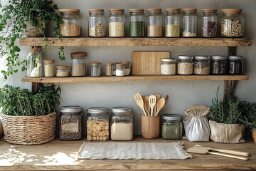 Fototapeta premium A zero waste kitchen setup with eco-friendly tools and products, emphasizing sustainable living and mindful consumption.