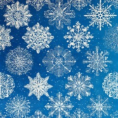background of snowflakes in various intricate designs on a blue gradient.