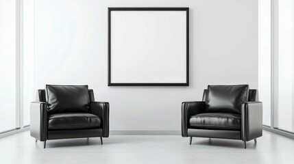 A minimalist room featuring two black leather chairs and a blank frame on the wall, perfect for modern decor or design inspiration.