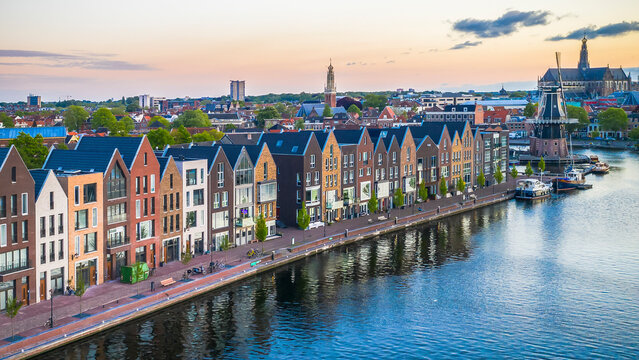 Aerial view of Haarlem with modern houses, Haarlem, Noord-Holland, the Netherlands.