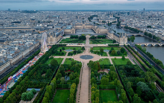 Aerial view of Jardin des Tuileries, with museum Louvre in the back, Paris, France