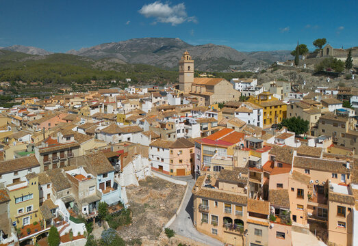 Aerial view of Polop de la Marina historic and picturesque town Alicante, Spain.