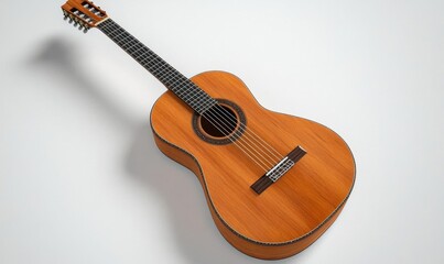 A wooden acoustic guitar displayed on a light background.